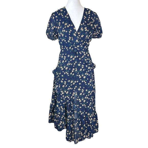 Lulus Petals and Poetry Navy Floral Print Ruffled Asymmetrical Midi Dress Sz XS - Picture 1 of 14